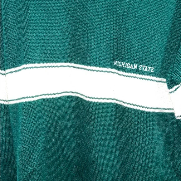 Vintage 70s The Big R Michigan State Embroidered Green & White Striped Sweater - Picture 3 of 6
